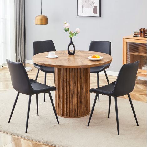 Ensemble de salle à manger rond MDF décor bois et métal noir, 1 table Ø100x76 cm avec 4 chaises en PU noir (1/5)