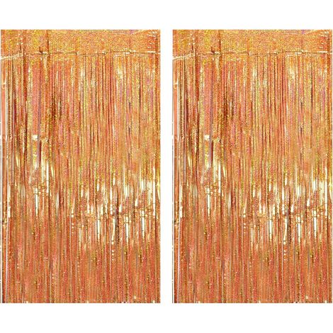 Lot de 2 Rideaux à Franges Métalliques Rose Or (1x2m), Décoration Brillante pour Anniversaires et Mariages (1/5)