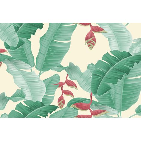 Papier peint panoramique motif feuillage Tapisserie panoramique nature pour salle de bain Papiers peints panoramiques jungles vert, rouge et beige (1/2)