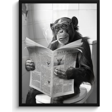 AFFICHE ENCADRÉE Singe - WC - Journal - Noir et blanc - Humour Tableau Décoration Murale 60x80 (1/5)