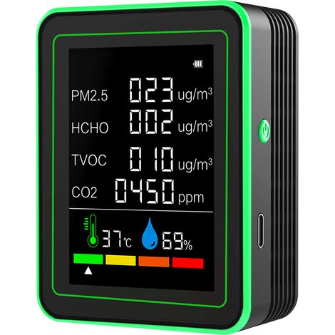 Eosnow 6-in-1-Luftqualitätsmonitor, tragbarer Temperatur-Feuchtigkeits-PM2,5-HCHO-TVOC-CO2-Detektor, genaues Kohlendioxidmessgerät für den Innenbereich