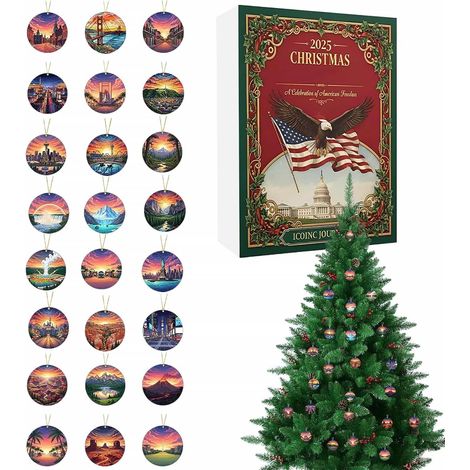 Adventskalender für Weihnachten 2025 2D-Sammelanhänger Countdown-Ornamente Amerikanische Denkmäler Für Wand, Tür, Baum, Schlafzimmer (1/5)