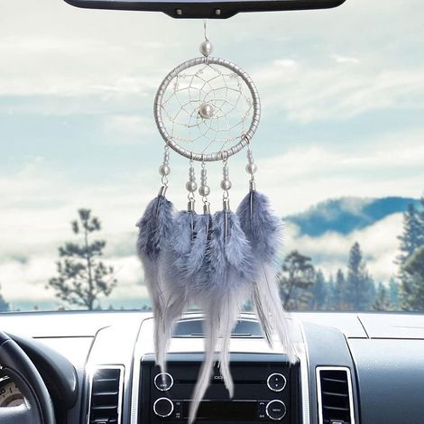 Petit attrape-rêves fait main, en plumes, à suspendre au rétroviseur intérieur de voiture, style bohème, cadeau artisanal (1/5)