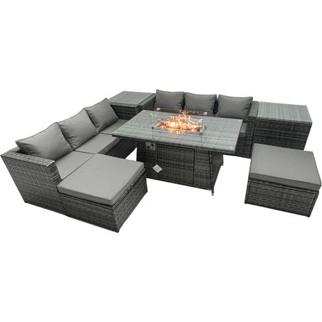 Fimous Rattan Gartenmöbel Set 6-Sitzer Garten Sofa Gas Feuertisch Set mit 2 Beistelltischen 2 Hockern (1/5)