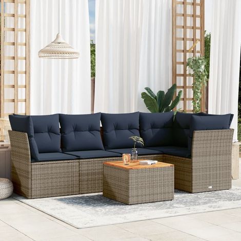 Salon de jardin 6 pièces avec rangement, résine tressée grise, coussins bleu marine, 50.92kg - PANGIVO (1/5)