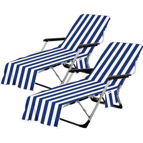 Lot de 2 Housses de Chaise de Plage en Microfibre, Serviettes de Transat avec Poches Latérales et Rabat de Maintien, 210 x 73 cm, pour Piscine, Jardin, Terrasse et Vacances, Rayées Bleu et Blanc (1/5)