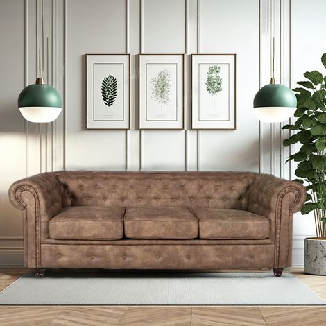 Le Quai Des Affaires – Canapé Chesterfield 3 places marron vieilli – Revêtement effet cuir – 213x85x72 cm – 3 coussins amovibles – Densité mousse 30kg/m3