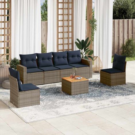 Salon de jardin 7 pièces en résine tressée grise avec rangement et coussins bleu marine - PANGIVO (1/5)