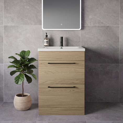 Napoli 460 Light Oak 600mm 2 Drawer Vanity Unit with Glide Basin - 600mm - Matt Black 320mm Handle