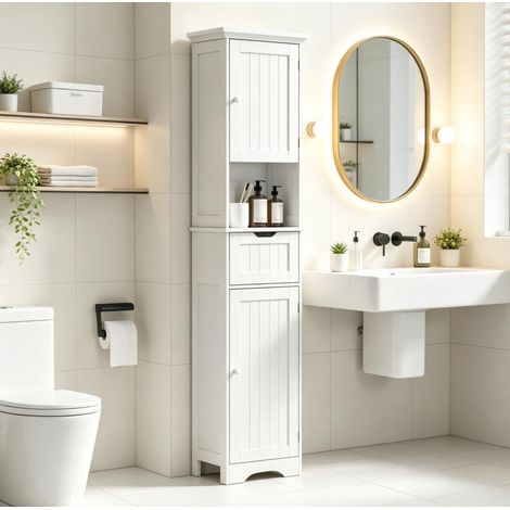 Colonne de salle de bains étroite avec éclairage LED à détection de mouvement, 2 portes, tiroir et étagère ouverte, meuble de rangement blanc en MDF 40 x 30 x 170 cm - CHICFURN (1/5)