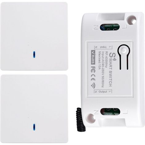 Lot de 2 interrupteurs sans fil - 433 MHz - 10 A - 220 V - Avec récepteur - Sans pile - Pour lampe intérieure et extérieure (2 interrupteurs avec 1 récepteur) (1/5)