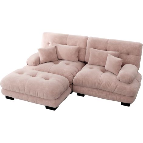 Canapé d’angle modulaire en chenille vintage rose avec ottoman et coussins décoratifs (1/5)