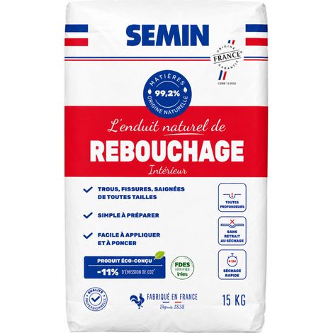 SEMIN Enduit Naturel de Rebouchage 15 kg - 99,3% d'Origine Naturelle - Rebouche Trous, Fissures et Saignées - Sans Retrait - Séchage Rapide - Intérieur Murs et Plafonds (1/5)
