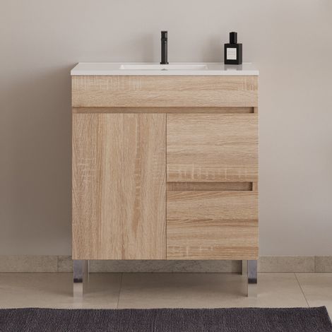 Meuble de salle de bain 60cm sur pieds avec simple vasque - sans miroir - porte et tiroirs - cambrian (chêne clair) - HARO