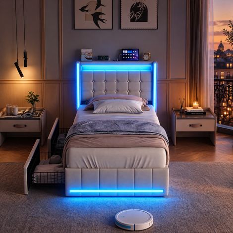 JOOKGBD-Letto singolo 90x200cm con illuminazione LED RGB,testiera imbottita con porte USB/Type-C,2 cassetti scorrevoli,tessuto in lino,per adolescente e adulto,beige (1/5)