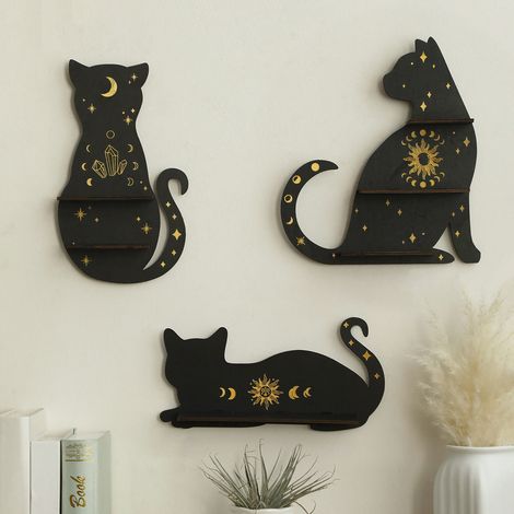 3 étagères gothiques en forme de chat, un rangement mural en bois pour cristaux, une étagère pour objets décoratifs mignons et des chandeliers en bois (1/5)