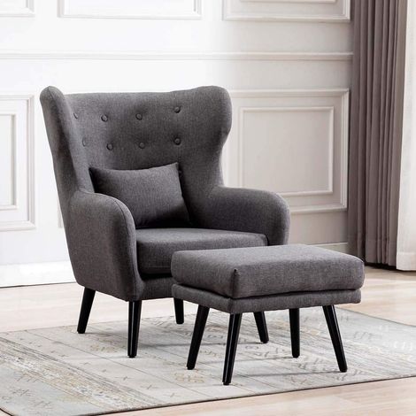 Winslow Wing Back Occasional Fabric Lounge Accent Chair Living Room Armchair Grey with Footstool