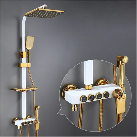 Ensemble de douche mitigeur thermostatique intelli Ensemble de douche numérique chaud et froid robinet système de douche de salle de bains robinet de douche en or noir pommeau de douche carré système (1/5)