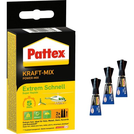 Pattex Kraft-Mix Extrem Veloce, estremamente veloce adesivo a 2 componenti a base di resina epossidica, per molti materiali, set di risparmio con 2x 12 g tubo e 3x 1 g adesivo secondi Ultra Gel (1/2)