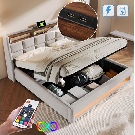 Doppelbett 180x200 cm beige aus Leinen mit LED-Beleuchtung, USB-Anschluss und Stauraum (1/5)