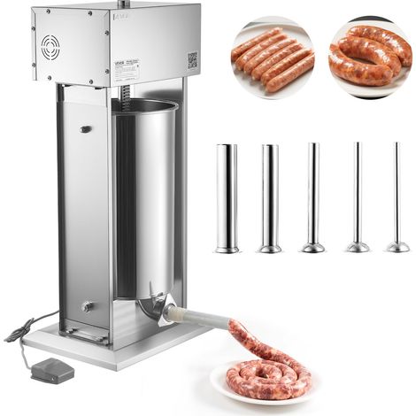 VEVOR 25 L Elektrische Wurstfüllmaschine, Vertikaler Edelstahl-Wurstfüller mit Stufenloser Geschwindigkeit, Fußpedal & 5 Füllrohren, Ideal für Gewerbe Metzgerei Haushalt (1/5)
