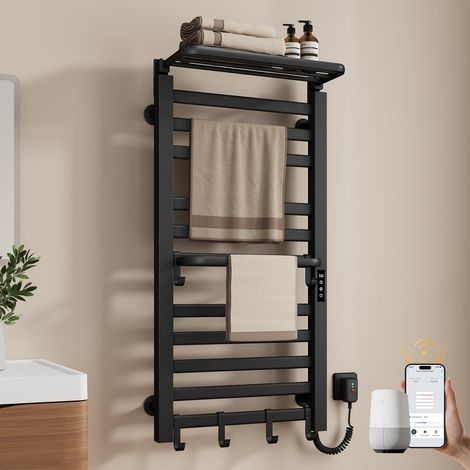 EMKE Scaldasalviette elettrico da bagno, 1000 x 500 mm, intelligente a temperatura costante, scaldasalviette elettrico con ripiano, Right 280 W, nero (1/5)