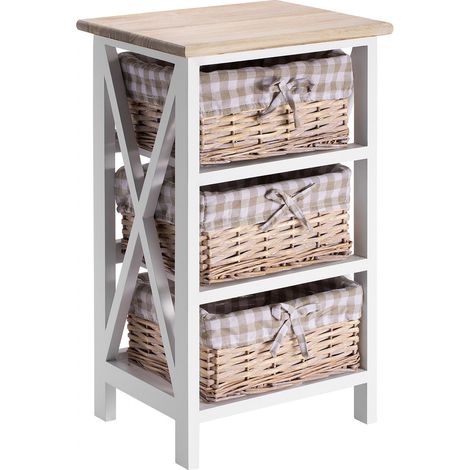 Idimex – Table de chevet en bois de paulownia lasuré blanc mat – 3 paniers en polyester brun effet blanchi – Style shabby chic (1/4)