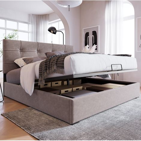 Cama tapizada 140/200 cm gris claro de terciopelo con cabecero regulable y arcón (1/5)