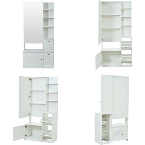 Ensemble de meubles d'entrée 85x40x180 cm avec miroir et meuble à chaussures, banc, penderie avec 2 portes, 5 étagères ouvertes, rangement multifonction - Blanc (1/5)