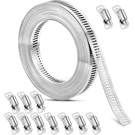 abrazadera para manguera, 5 metros, acero inoxidable 304, 12 clips de fijación, ajustable, para mangueras de gas, agua, coche y jardín. (1/5)