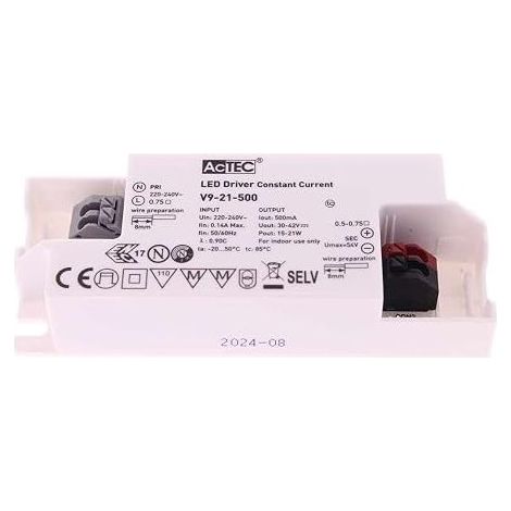 DC LED driver, 500 mA max 21 W, constant current LED power supply, 220-240 V input, 30 V-42 VDC output, wired connection (1/5)