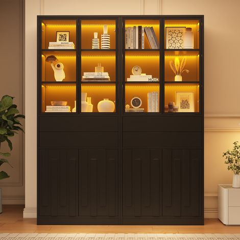 2er set vitrinenschrank wohnzimmer mit bluetooth led beleuchtung 70x34x180 cm glasschrank bücherregal modern - schwarz matt (1/5)