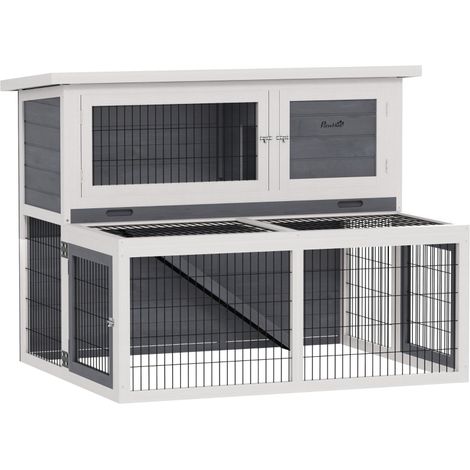 Hasenstall 2 Ebenen mit klappbar Dach Kaninchenstall aus Vollholz Winterfest Doppelstockhaus 122x95x93,5 cm Grau (1/5)