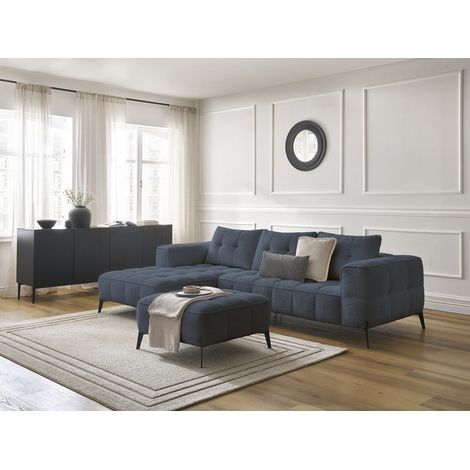 BOBOCHIC - Canapé d'angle fixe ANIS tissu bouclette avec pouf Angle gauche Bleu foncé (1/5)