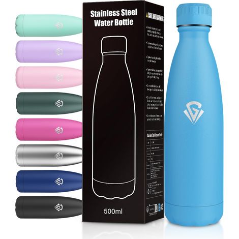 Gourde 500ml, Gourde Inox Réutilisable, sans BPA Étanche, Bouteille Double Paroi Isotherme, Légère, Bouteille D'eau pour École, Bureau, Camping, Outdoor (1/5)