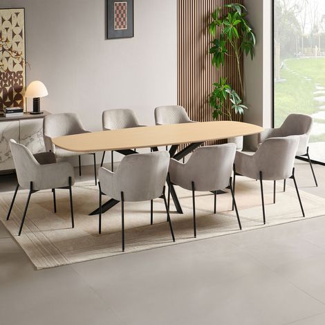 Ensemble table 240 cm effet chêne + 8 chaises velours côtelé gris (1/5)