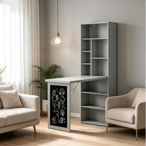 Scrivania da parete pieghevole con mensola e lavagna, MDF e legno, grigio scuro e nero HAVRYA (1/5)
