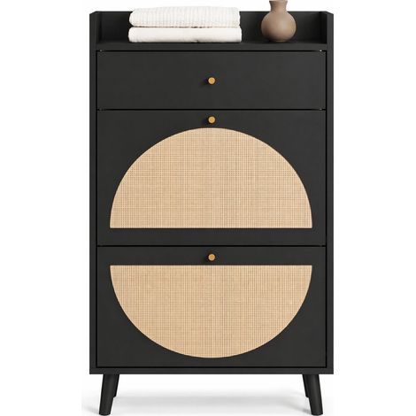 CHICFURN Meuble à chaussures noir avec deux portes et un tiroir, façade en résine tressée, étagère double, 60 cm, sans fond, pour entrée et couloir, avec rangement pratique (1/5)