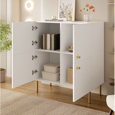 REDOM Aparador 80x36x90 cm, líneas verticales y patas de acero, tiradores de aleación de zinc, MDF blanco (1/5)