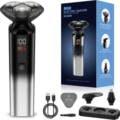 Rasoir électrique pour homme, rasoir électrique rechargeable pour homme, rasage rotatif 3D étanche, rasoir électrique sans fil 3 en 1 utilisable sur peau sèche ou humide avec tondeuse à barbe, tondeus (1/5)