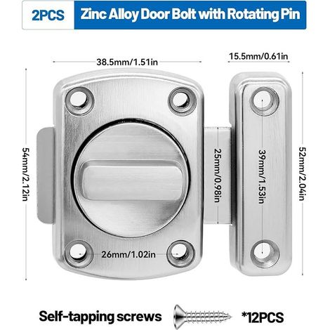 Lot de 2 verrous de porte antivol - Verrou rotatif - Verrou de porte intérieur avec vis - Verrou de porte - Verrou coulissant pour portes et meubles - Argenté (1/5)