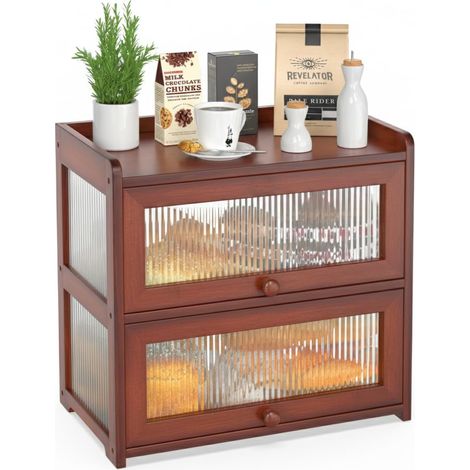 Boîte à pain extra large en bambou pour comptoir de cuisine, boîte de rangement à pain double couche avec 4 côtés transparents, boîte à pain pour pain fait maison, marron (1/5)