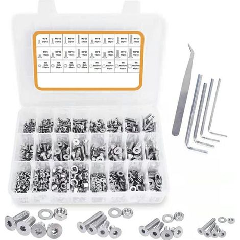 920 Pcs Vis à Tête Plate à Six Pans Creux et écrous et Rondelles Assortiment Set, M3 M4 M5 M6 Vis à Métaux Tête Fraisée Vis 304 en Acier inoxydable Boulons écrous Tête Kit(Vis à Tête Plate) (1/5)