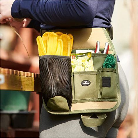 sacoche à outils en cuir avec ceinture - compartiments, poche à clous, poche à couteau, porte marteau et support pour mètre ruban (1/3)