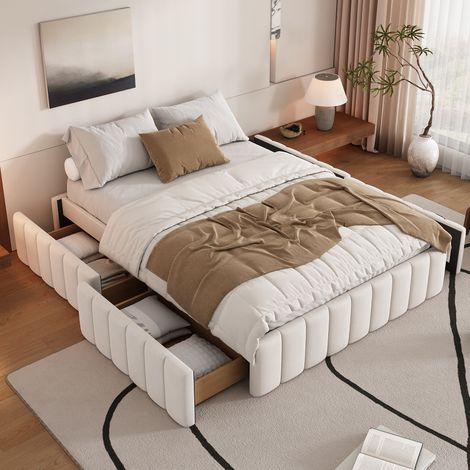 Lit en velours beige 140x200 cm avec 4 tiroirs et sommier à lattes, sans tête de lit (1/5)