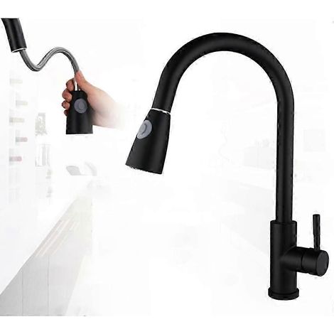 Robinet de cuisine basse pression en acier inoxydable noir, mitigeur à levier unique pivotant à 360° pour évier