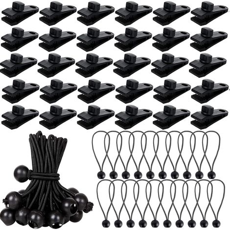 60 pinces fixation bâche + tendeurs élastiques noirs, clips verrouillage auvent/caravane/housse piscine (1/5)