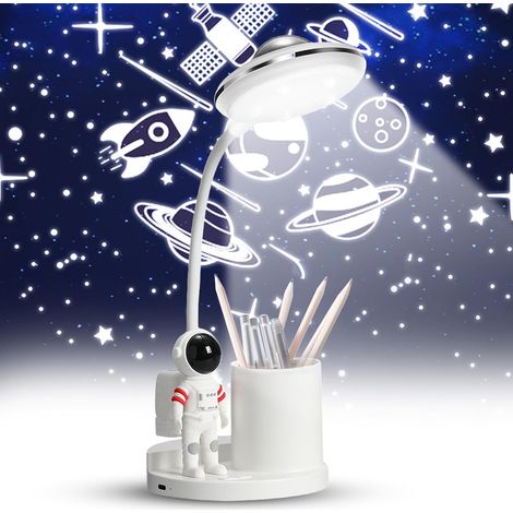 Lampe de bureau LED pour enfants Lampe de chevet avec porte stylo et projection Protection des yeux Rechargeable Intensité variable