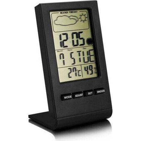 Stazione meteorologica wireless, termometro interno/esterno, igrometro, barometro, sveglia digitale con sensore esterno, visualizzazione di ora, data, giorno e fasi lunari (nero)