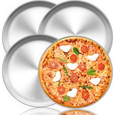 Lot de 4 Plaques à pizza Acier inoxydable Diamètre 29 cm Bord arrondi Cuisson four Lave-vaisselle Famille